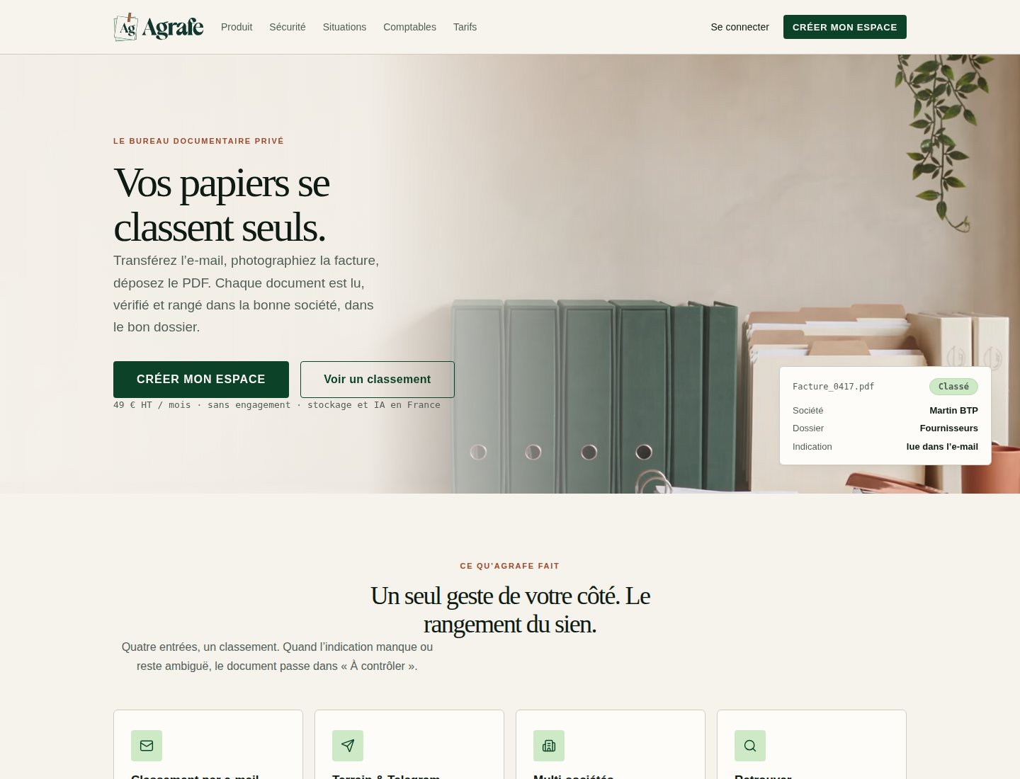 Landing Agrafe : Vos papiers se classent seuls, avec une illustration de dossiers et classeurs.
