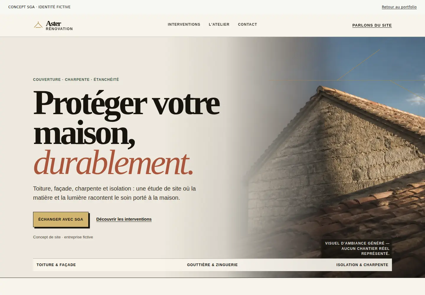 Concept fictif Aster Rénovation : Toiture provençale, typographie éditoriale et palette pierre et laiton.