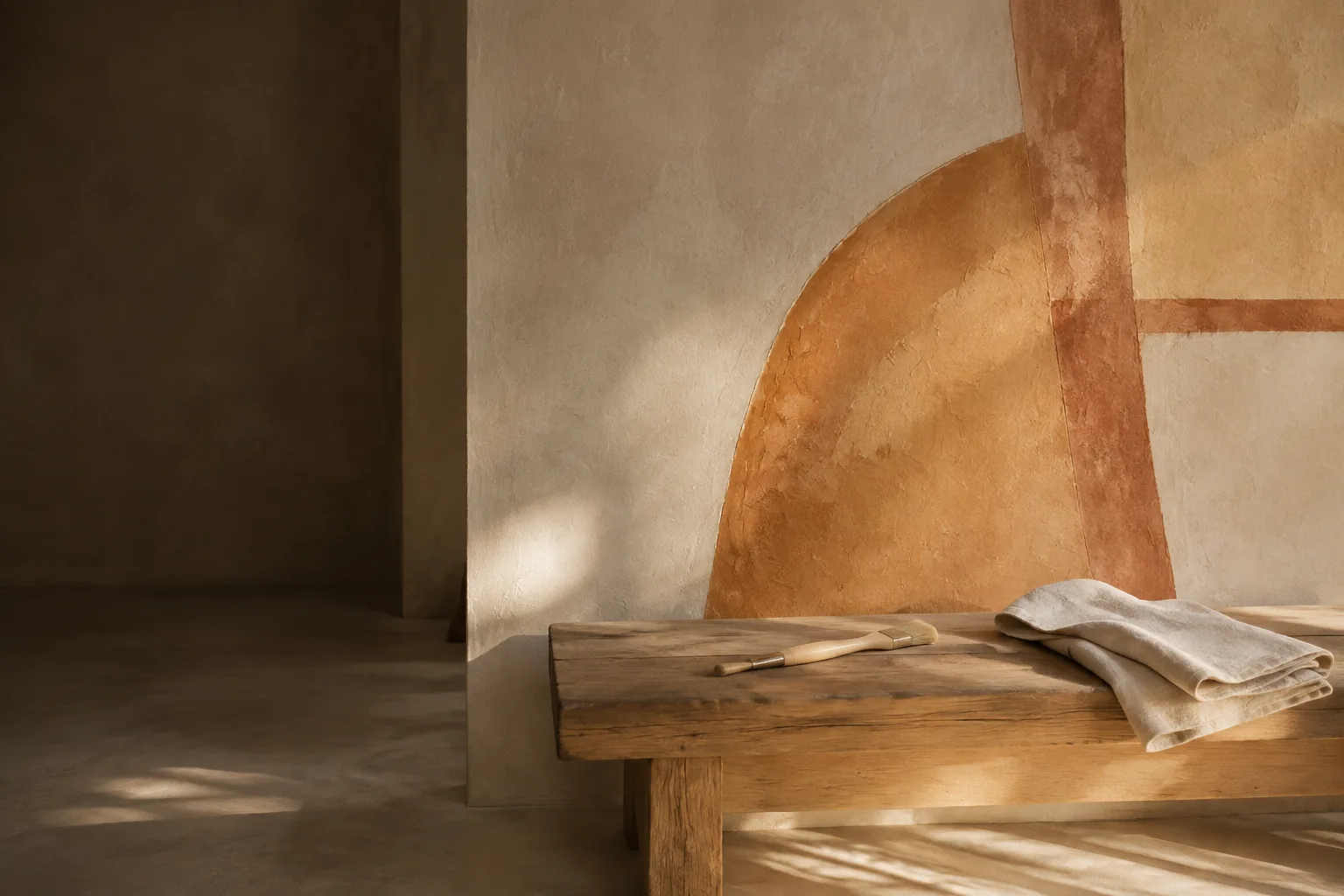 Illustration IA d’un mur minéral ocre et ivoire ; aucun chantier réel représenté.