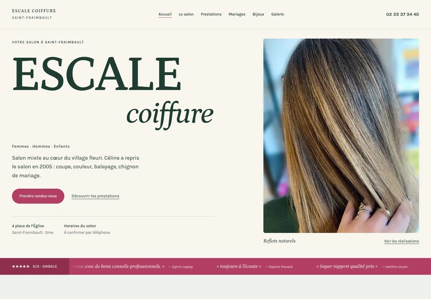 Aperçu réel d’Escale Coiffure : grande signature vert forêt, photo de balayage et présentation du salon.