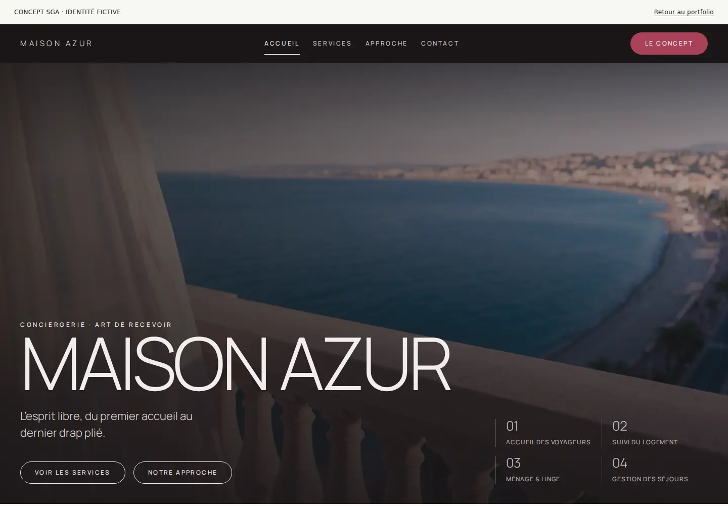 Concept fictif Maison Azur : Terrasse méditerranéenne, grande signature Maison Azur et tons rosés.