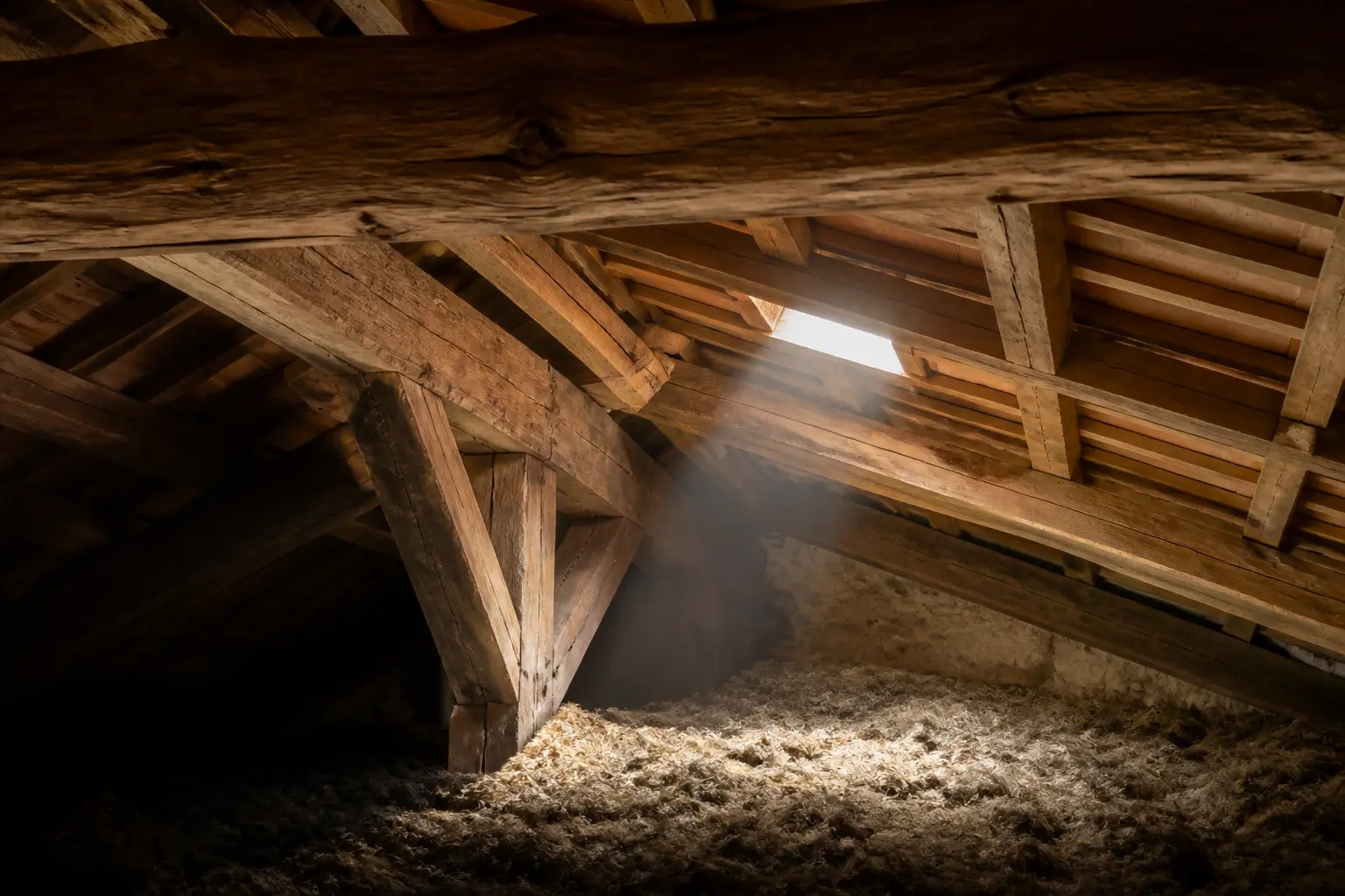 Étude d’ambiance générée : détail d’une charpente en bois.