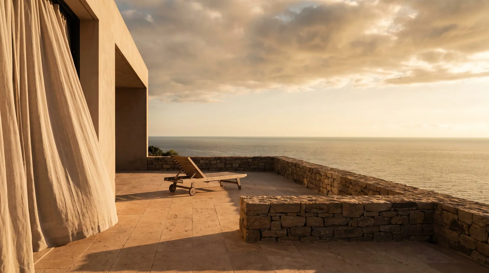Visuel d’ambiance : terrasse face à la mer dans la lumière du soir.